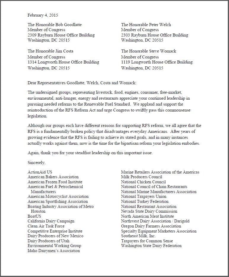 Diverse Coalition Calls for RFS Reform in Letter to the House