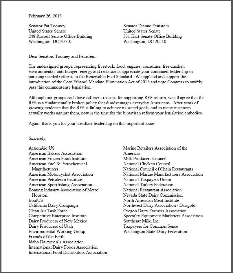 Joint Letter to the Senate Urges Renewable Fuel Standard Reform