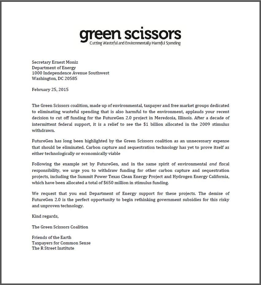 Letter to DOE: Cut Funding for CCS Projects
