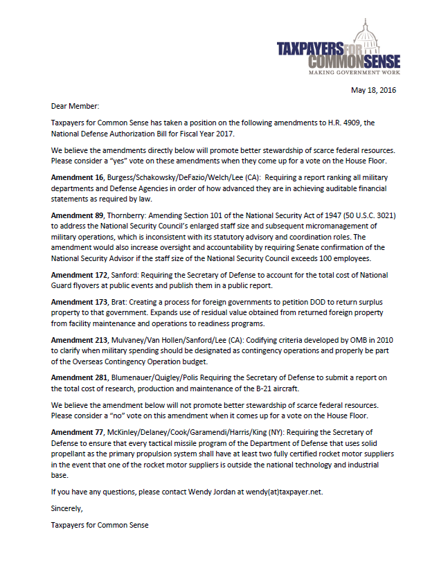 TCS Vote Recommendations on NDAA Amendments