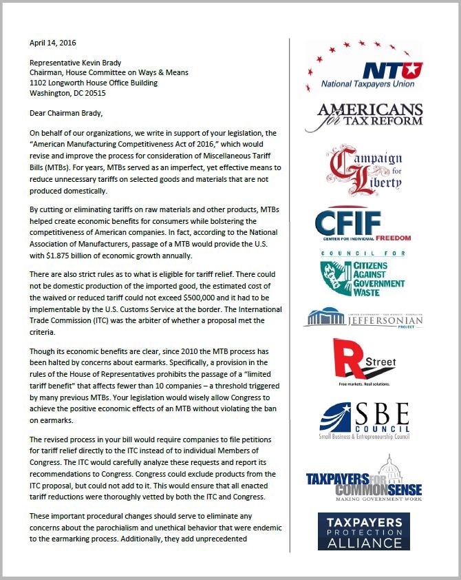 Coalition Letter to Support Reform for Miscellaneous Tariff Bills