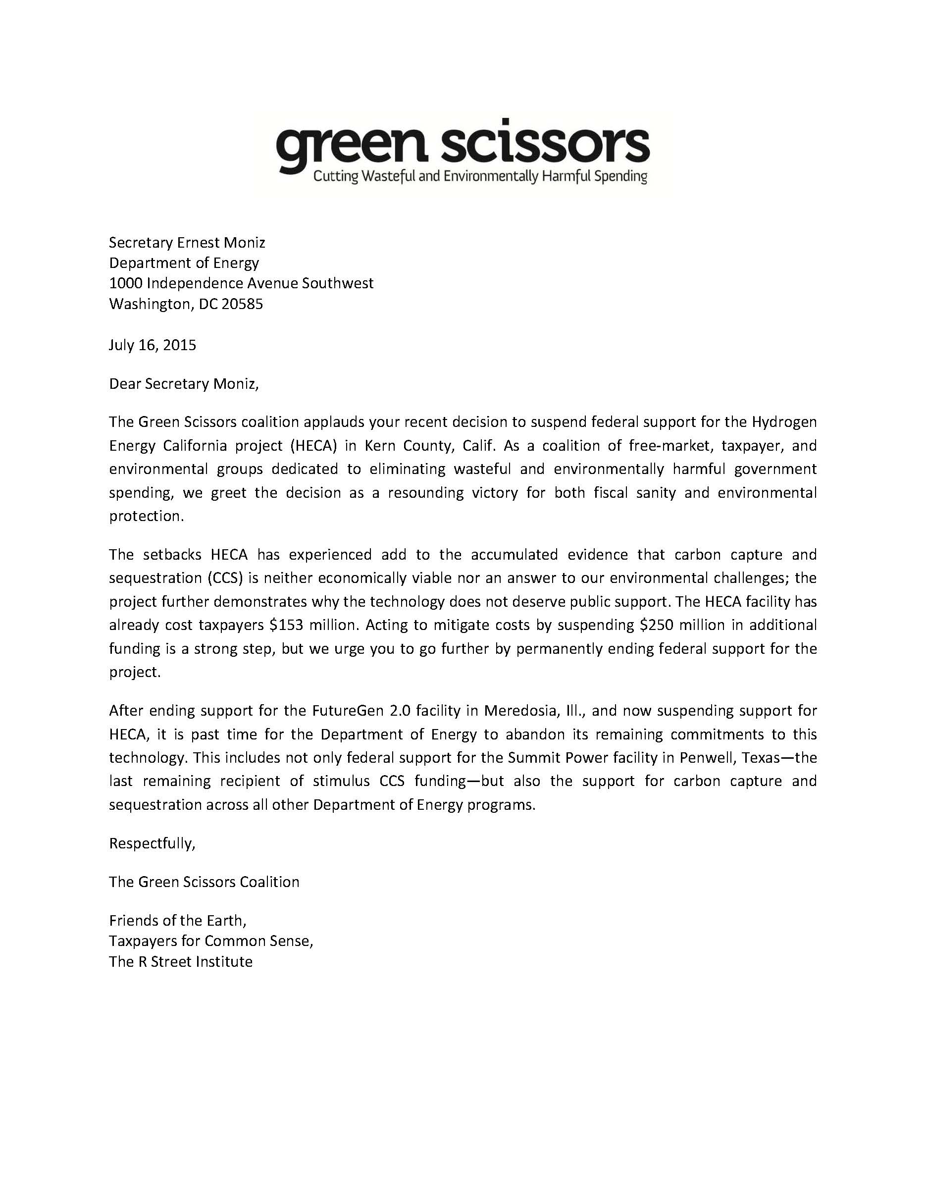 Letter to DOE: Keep Cutting CCS Funding