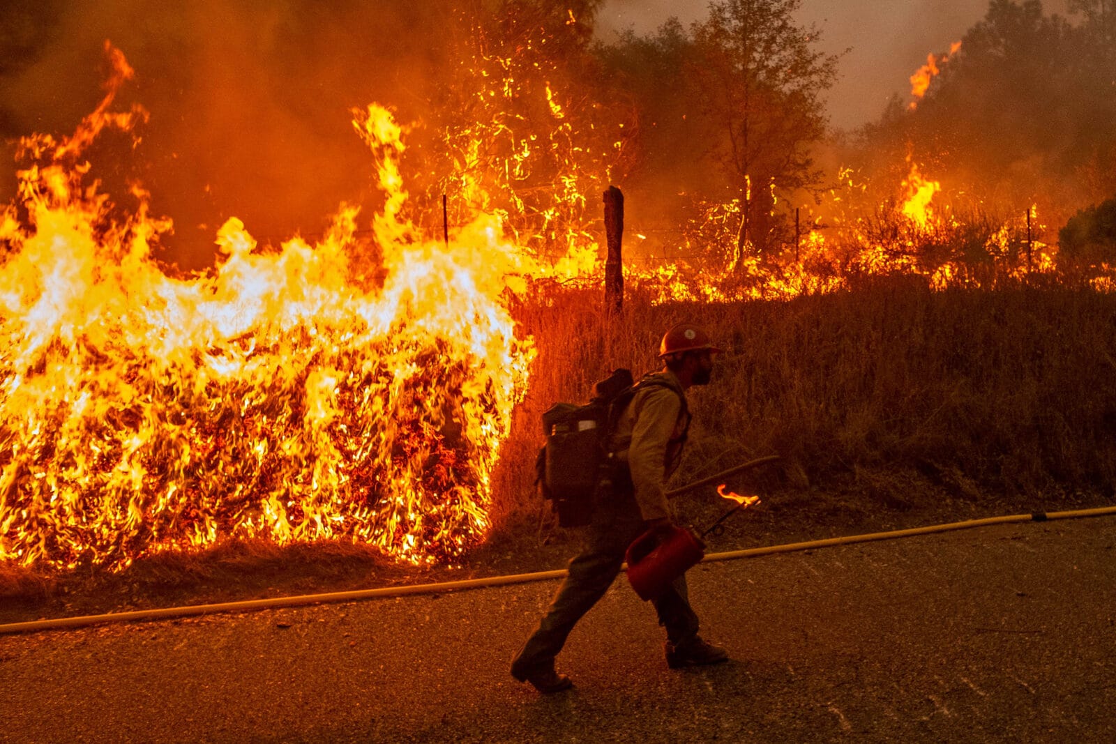 Firefighter walking while holding tools with a red blazing wildfire in the background