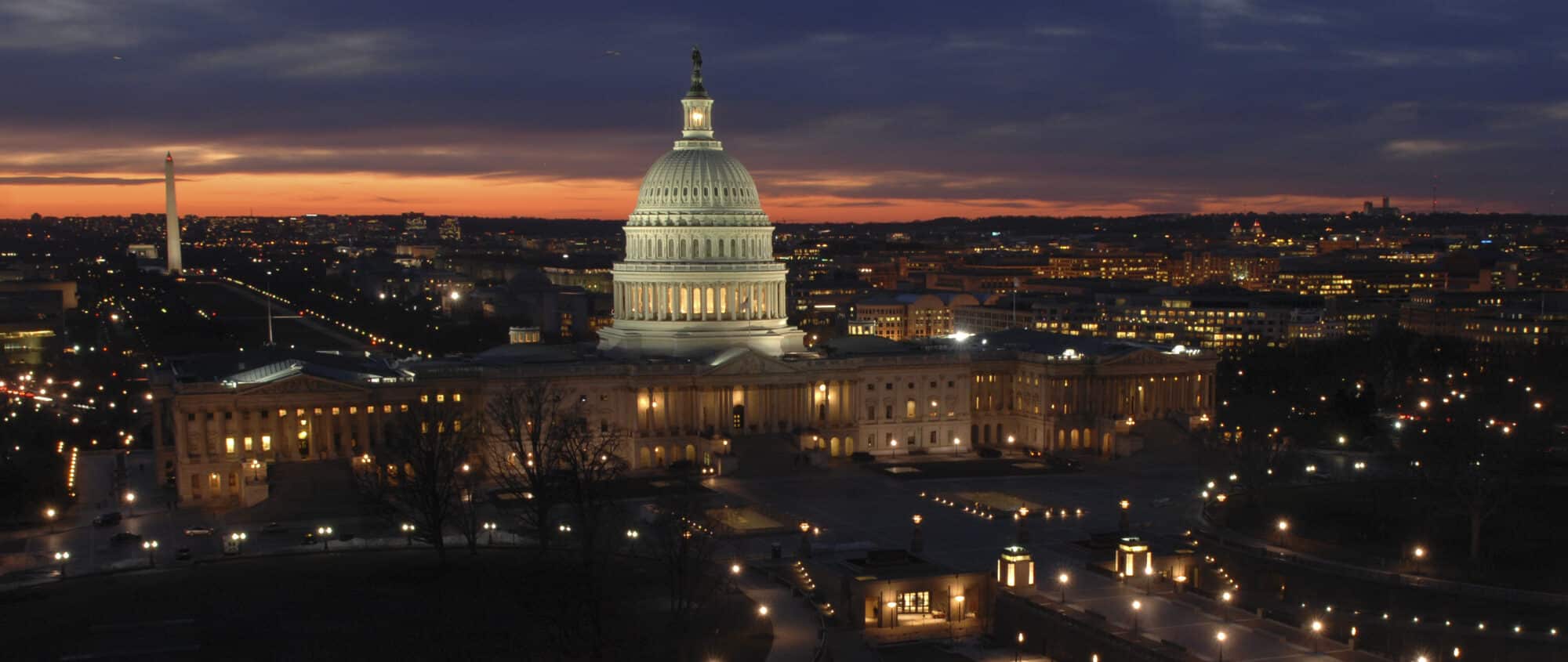 Overhead view of the US Capitol at night