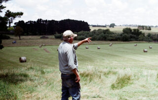 Farmer pointing into the distance with field in the backround littered with rolled hay.
