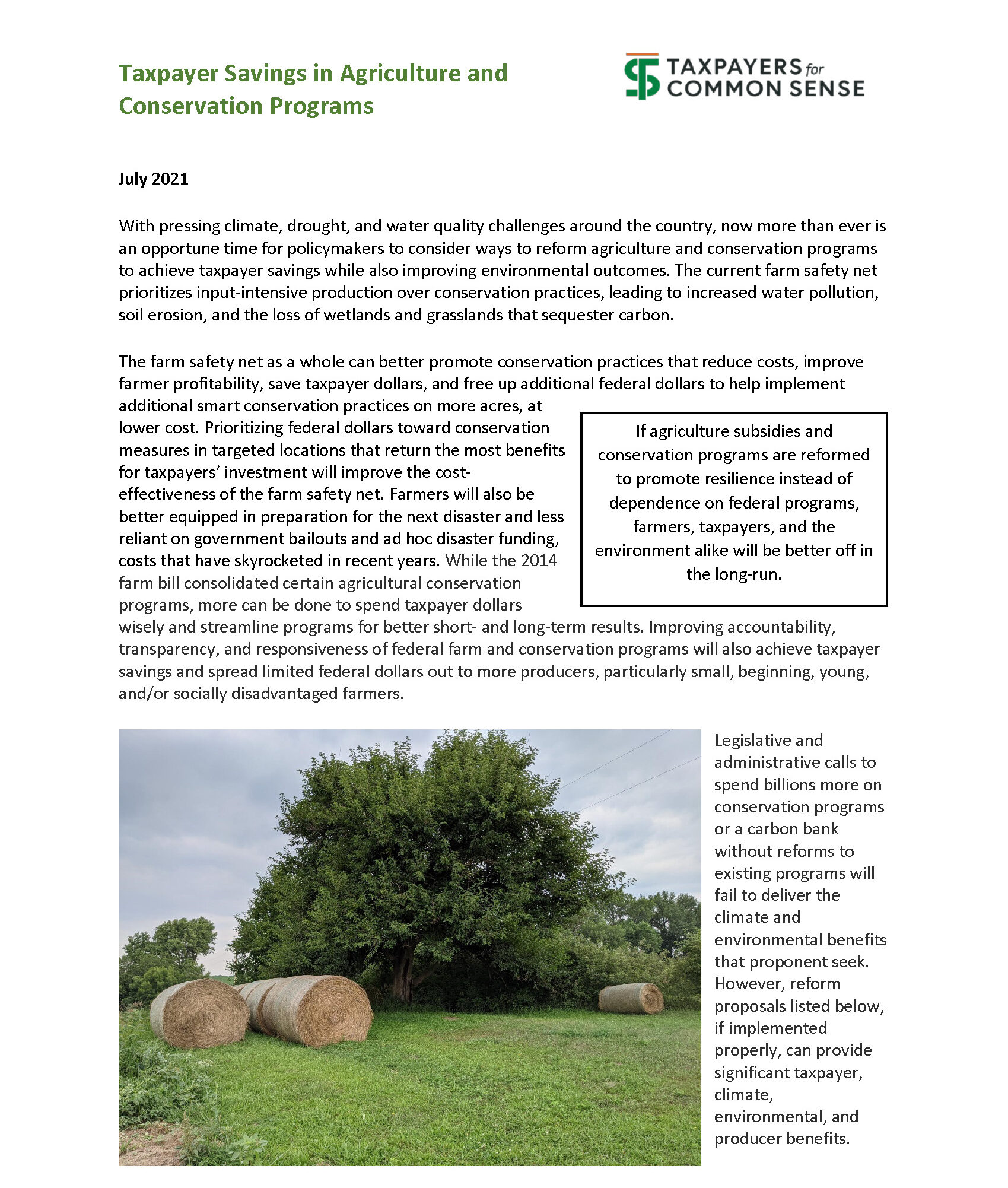 Cover of Taxpayer Savings in Agriculture and Conservation Programs Fact Sheet