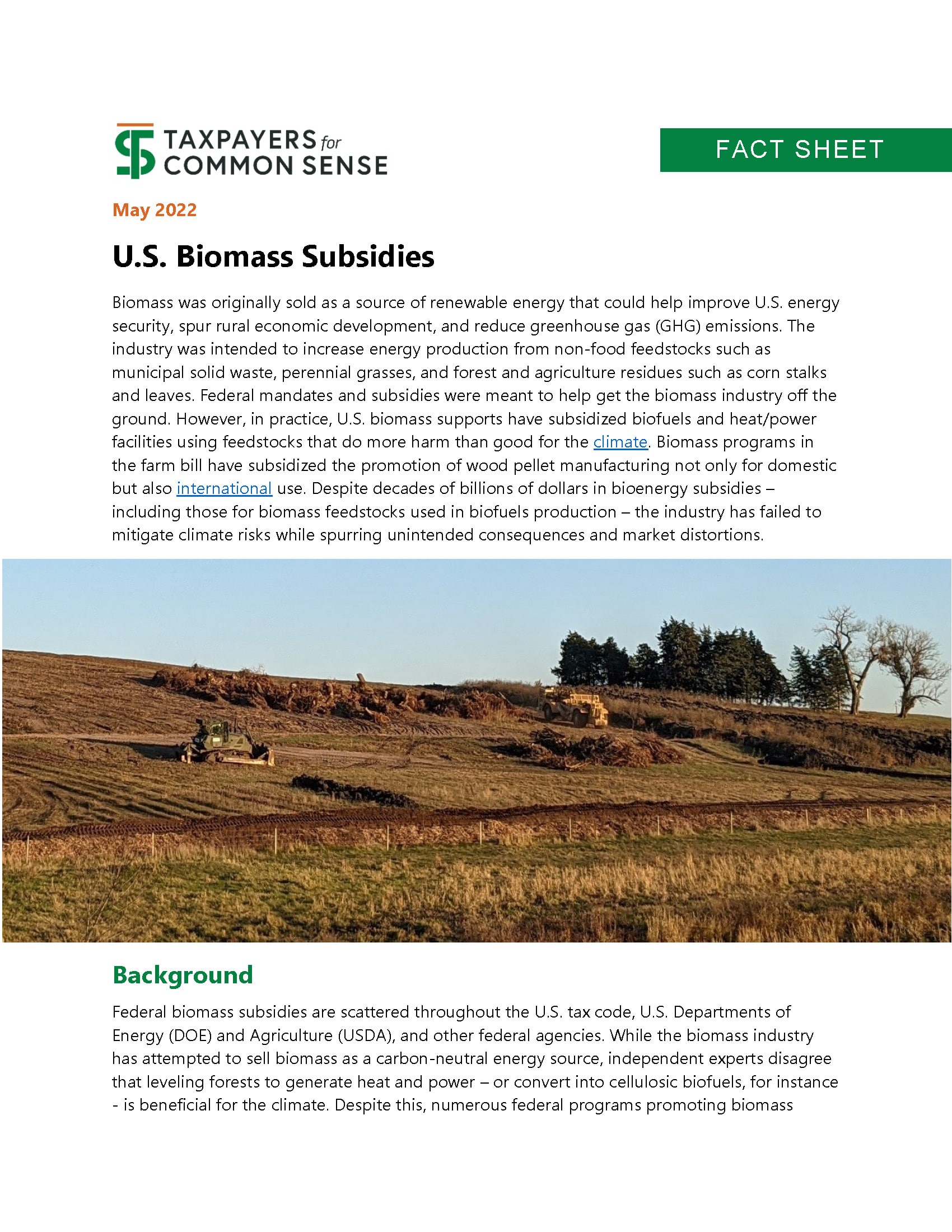 Cover of Biomass Subsidy Fact Sheet