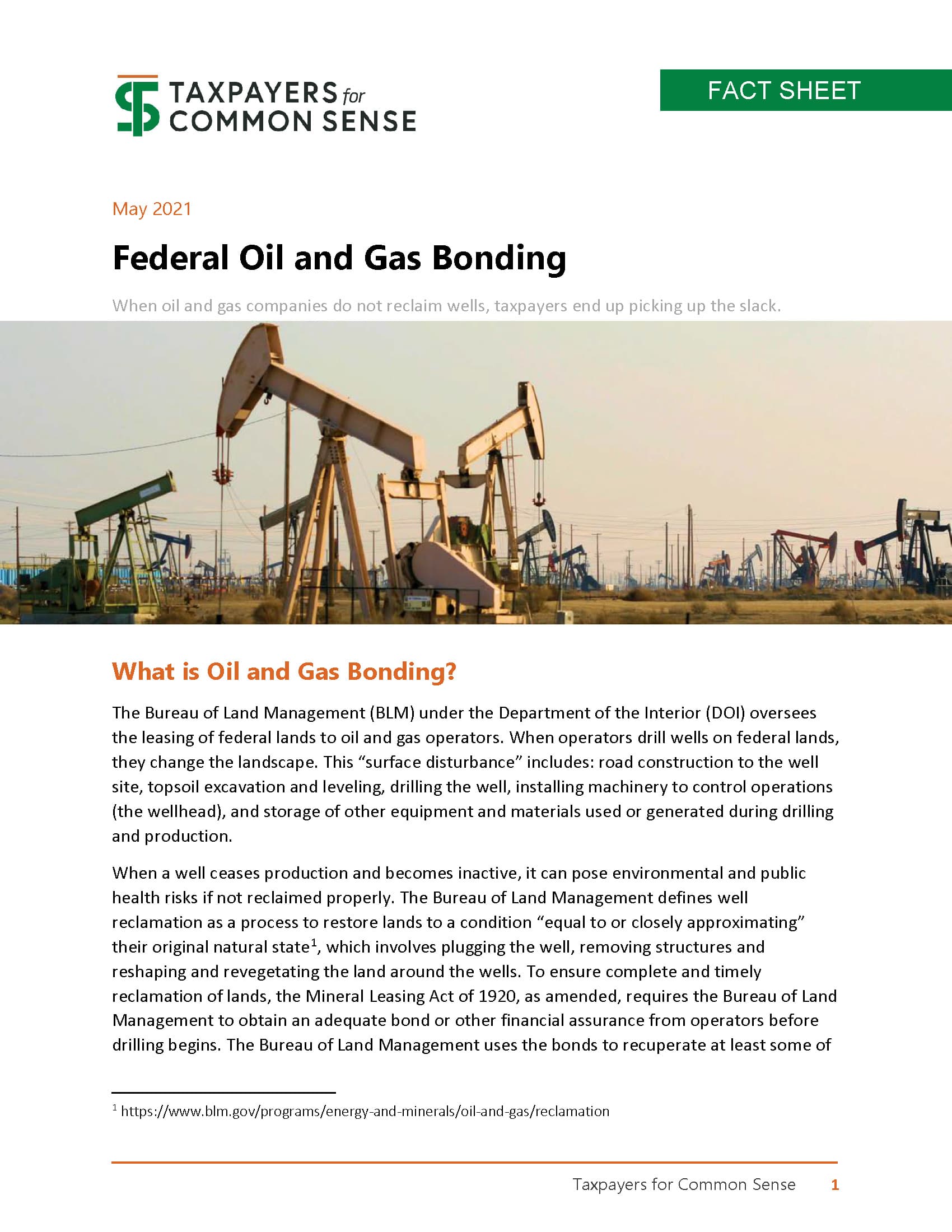 Cover of May 2021 Federal Oil and Gas Bonding Fact Sheet