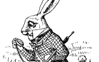 illustration of white rabbit worriedly looking at a pocket-watch