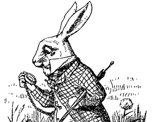 illustration of white rabbit worriedly looking at a pocket-watch