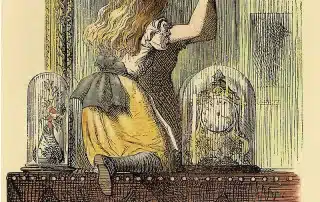 Illustration of Alice climbing through a mirror over a fireplace