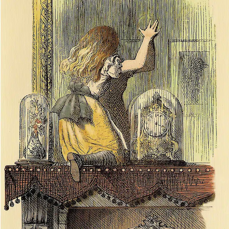 Illustration of Alice climbing through a mirror over a fireplace