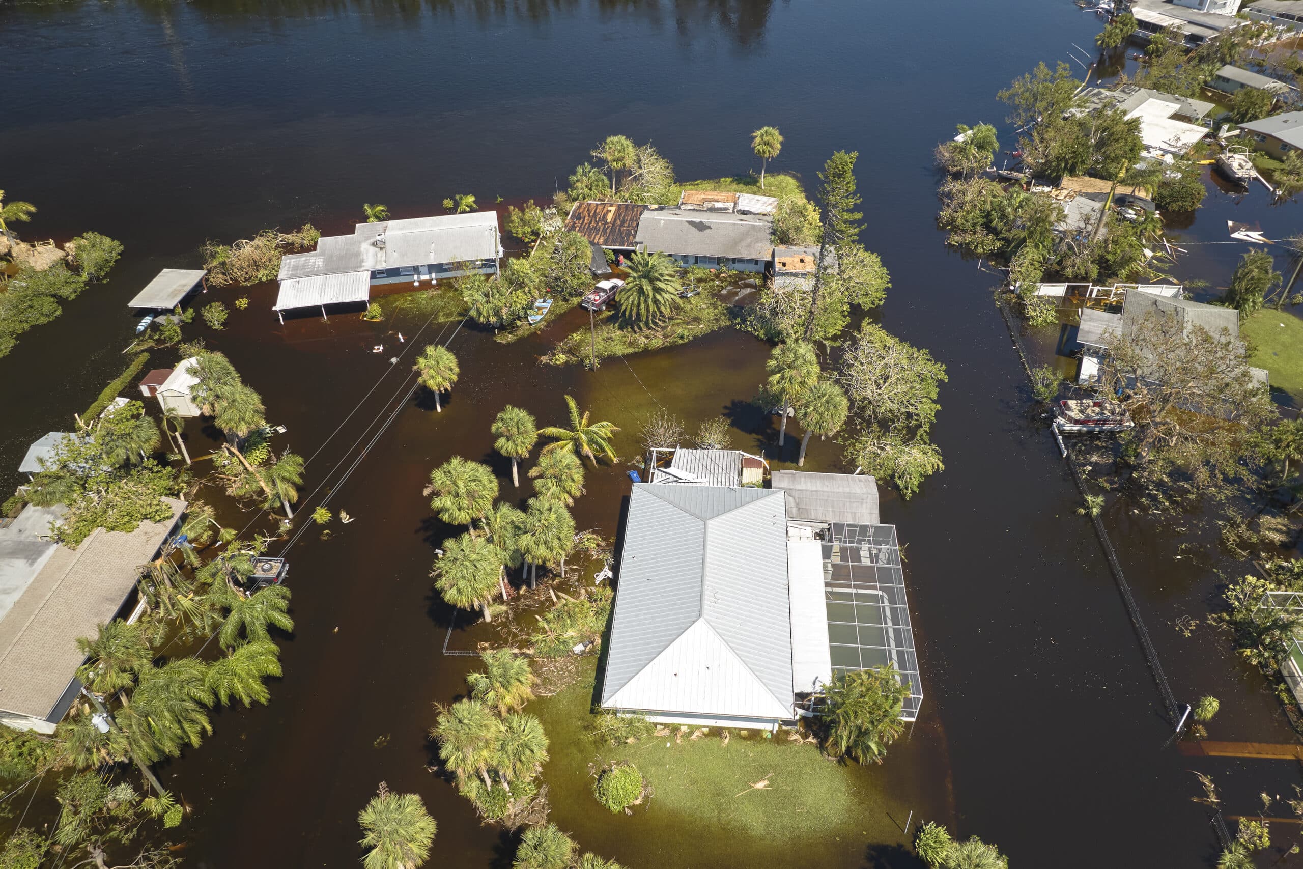 Top view of flooded Florida neighborhood after Hurricane Ian.