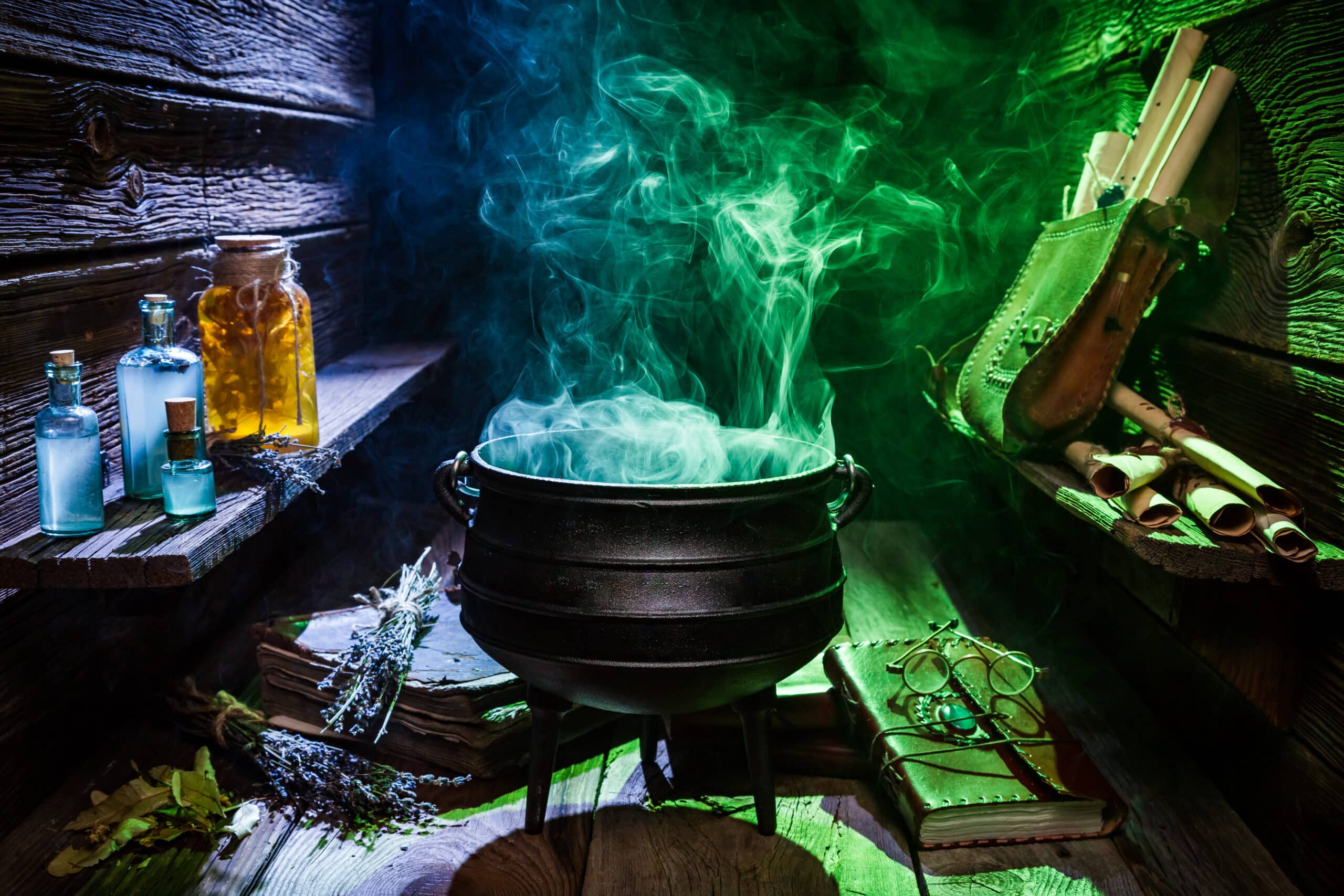 A spooky image of a smoking cauldron