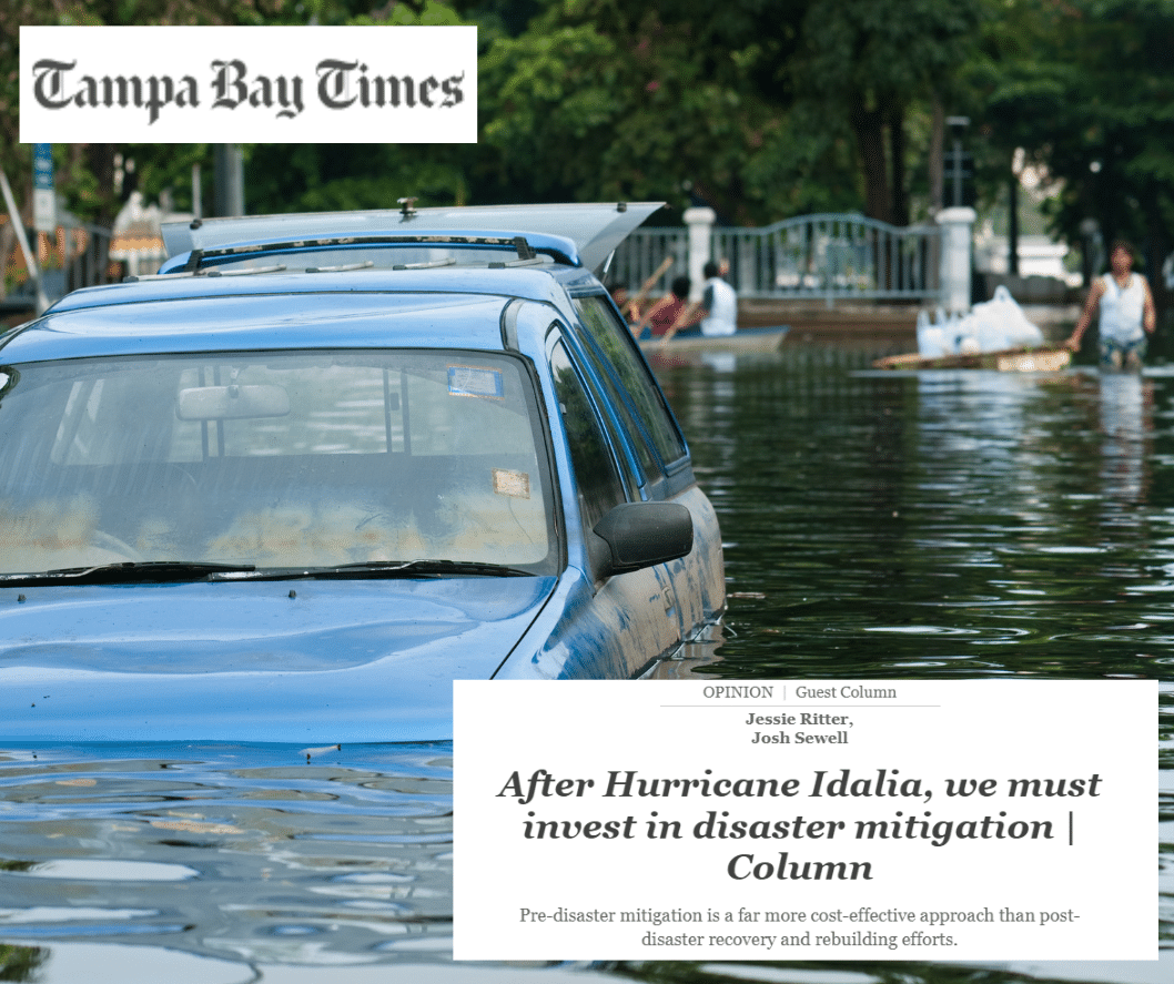 Flooded neighborhood with article title overlaid