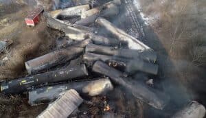 Overhead shot of smoldering derailed train cars in East Palestine, Ohio