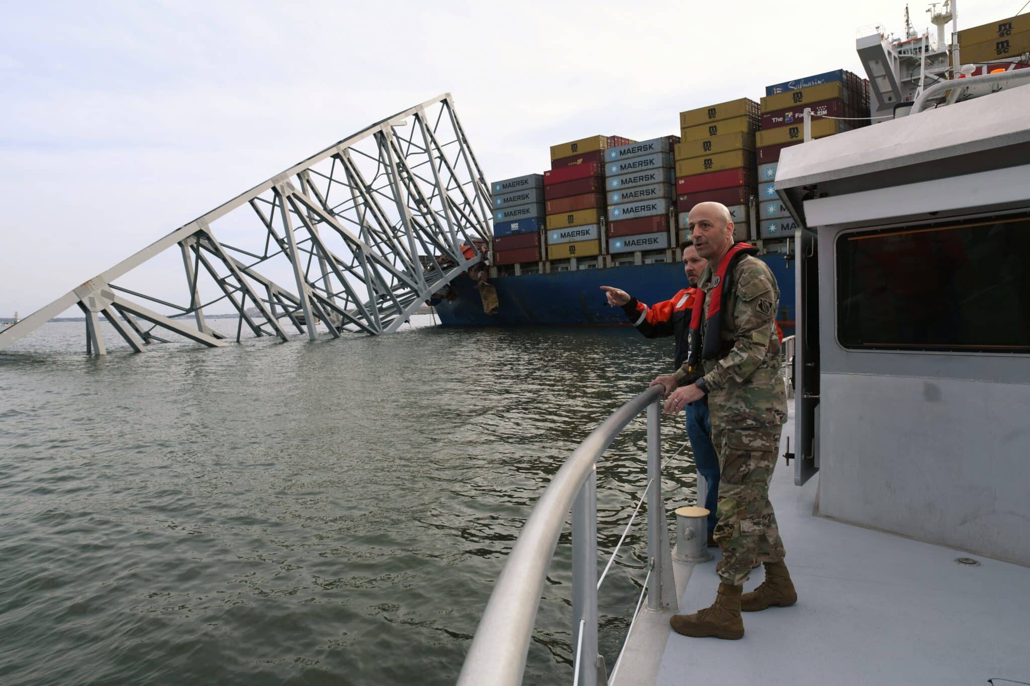 USACE Chief of Engineers Lt. Gen. Scott Spellmon views damage of the fallen Francis Scott Key Bridge that collapsed in Baltimore, March 26, 2024.