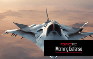 AI generated image of a futuristic fighter jet with Politico Pro Morning Defense wordmark in the foreground