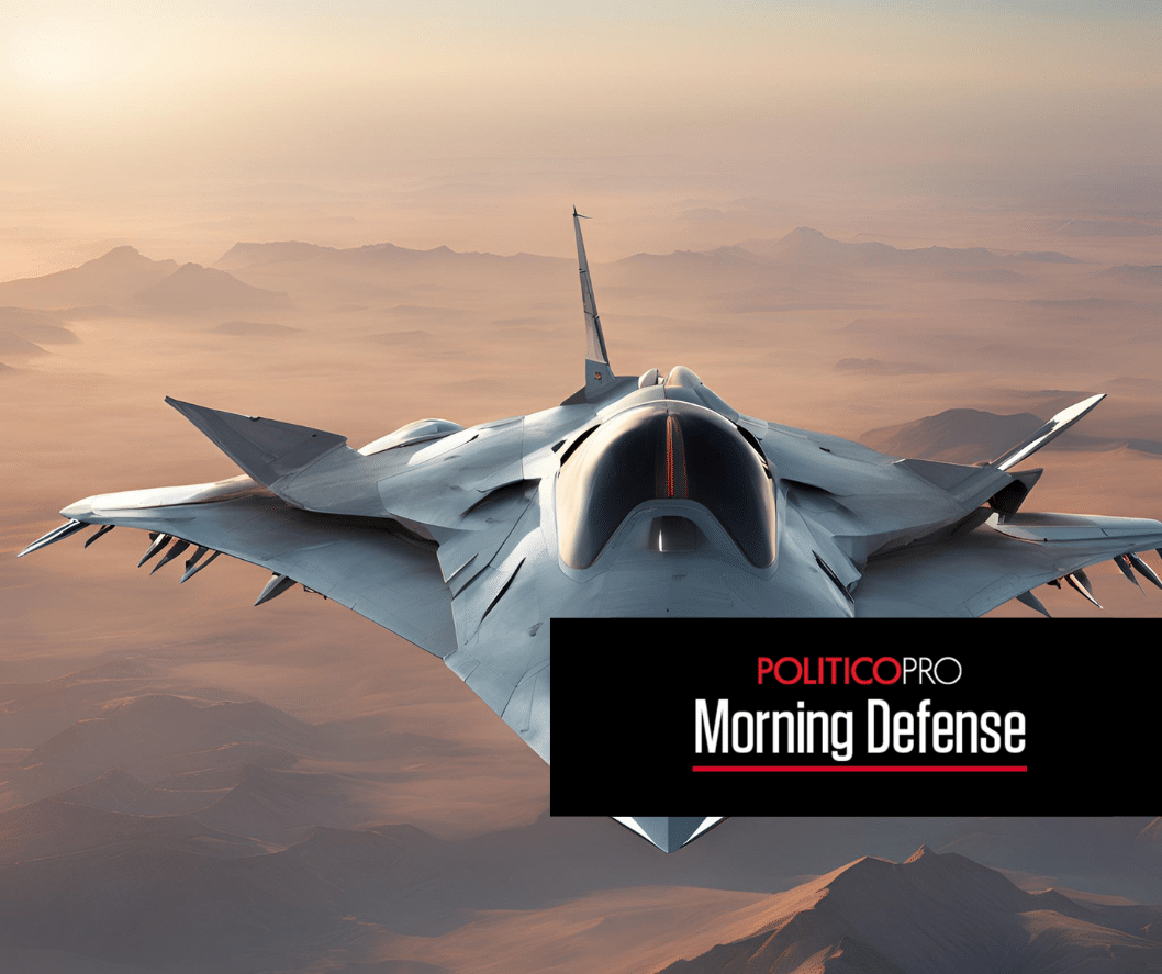 AI generated image of a futuristic fighter jet with Politico Pro Morning Defense wordmark in the foreground
