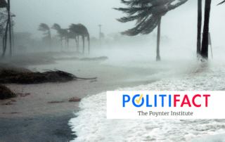 A hurricane striking a beach with the PolitiFact logo in the foreground