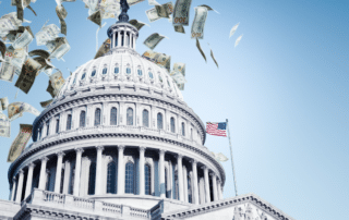 image of the us capitol dome with money flying over it