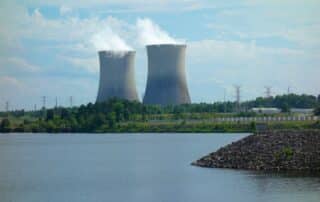nuclear power plant towers in a scenic area
