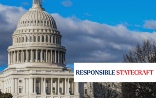View of the US Capitol Facade with the Responsible Statecraft Logo overlaid horizontally to the side.