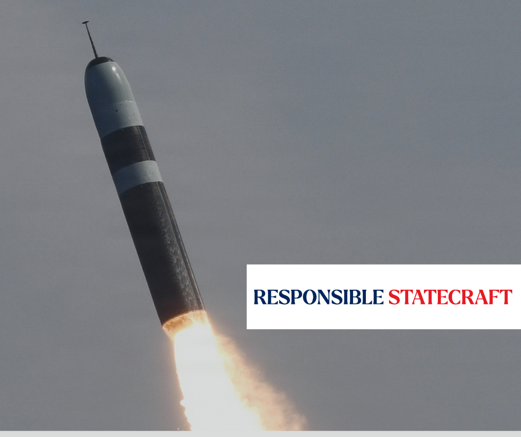 A trident missile soars through the sky