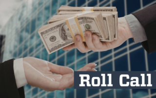 suited arm anding over a stack of dollars to an open hand, also suited.