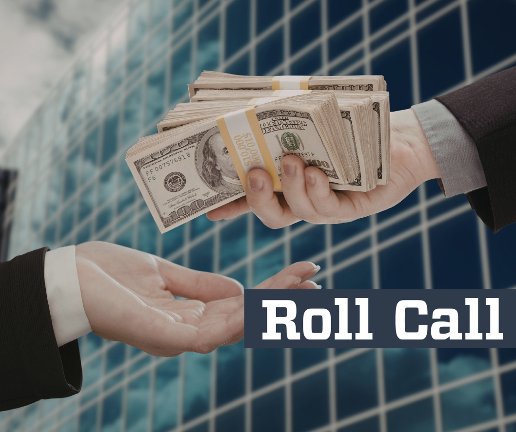 suited arm anding over a stack of dollars to an open hand, also suited.