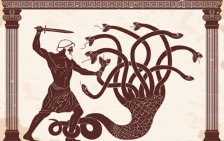 Hercules kills the Lyrna Hydra. 12 exploits of Hercules. Figure on a beige background with the aging effect.