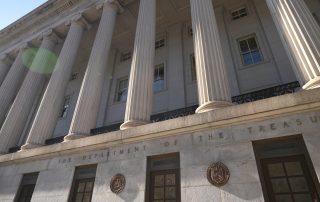 Wide angle view of the columns at the US Treasury Department in Washington, DC.