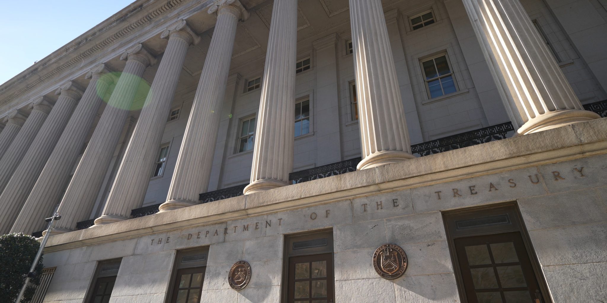 Wide angle view of the columns at the US Treasury Department in Washington, DC.