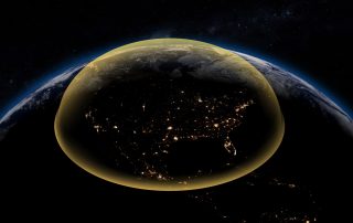 rendering of an a gold coloured dome of light around the continental usa