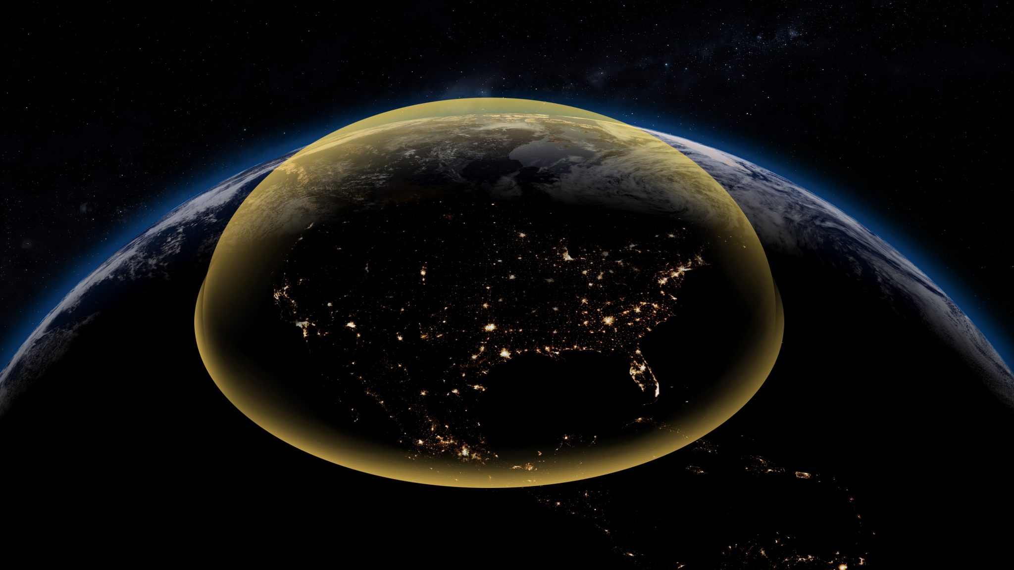 rendering of an a gold coloured dome of light around the continental usa